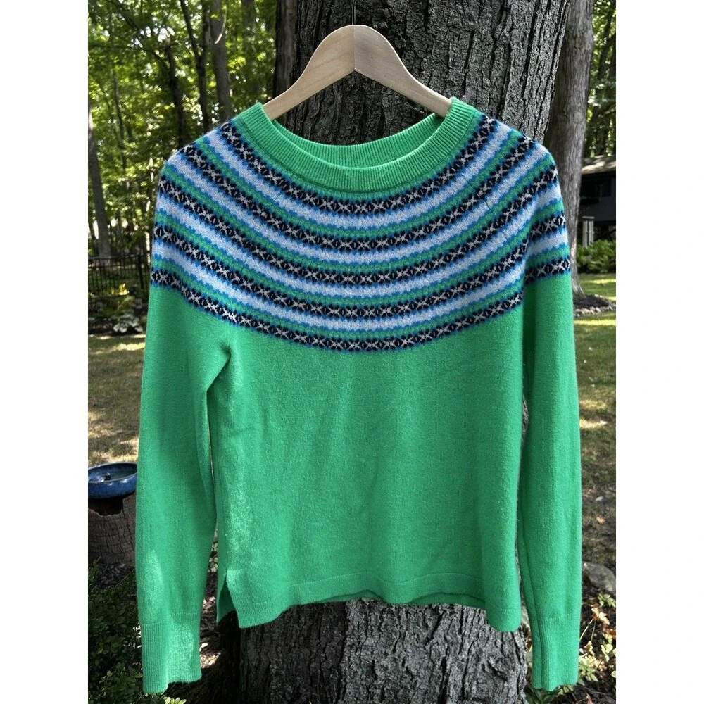 J.Crew Fair Isle 100% Cashmere Sweater Size Small Crewneck Green Preppy Classic